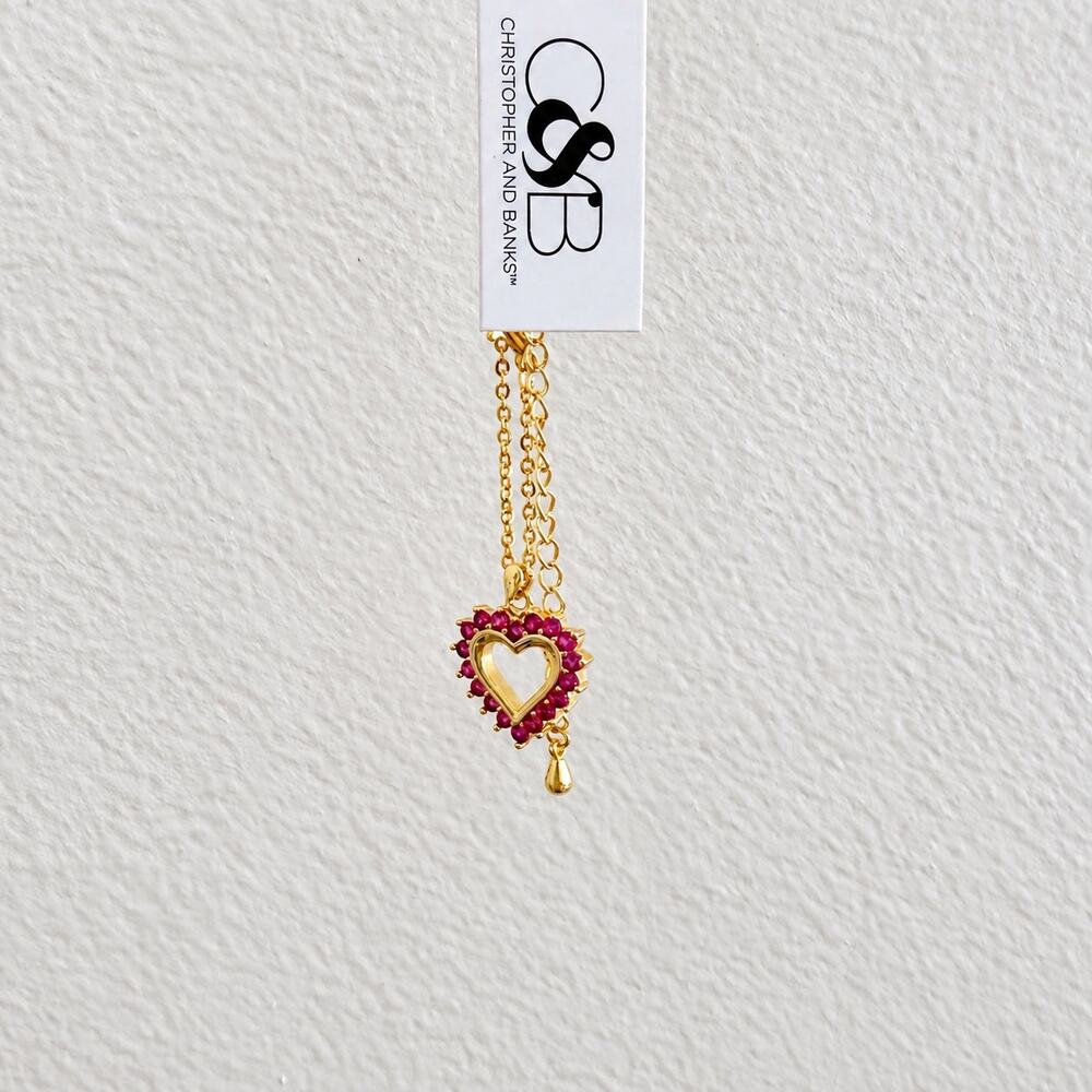 Christopher & Banks Gold Pink Rhinestone Heart Necklace NWT